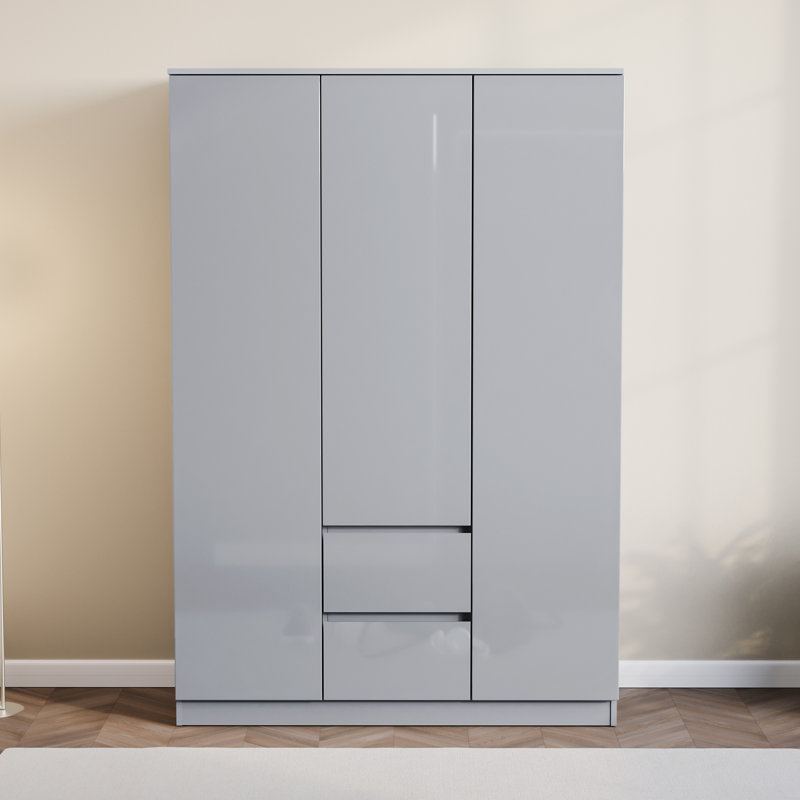 Oslo 3 Door 2 Drawer High Gloss Wardrobe, (FSC 100%) Bedroom Home Clothing Storage Furniture, Grey