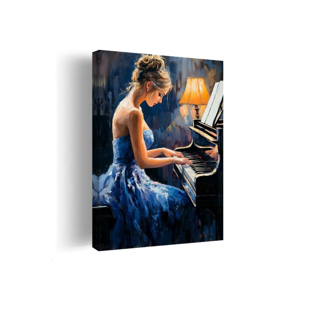 Black Girl Wall Art Female Playing Piano Pictures Black Woman Music Canvas Prints African American Paintings Music Club Decor Framed(Blue,20L x 30W)