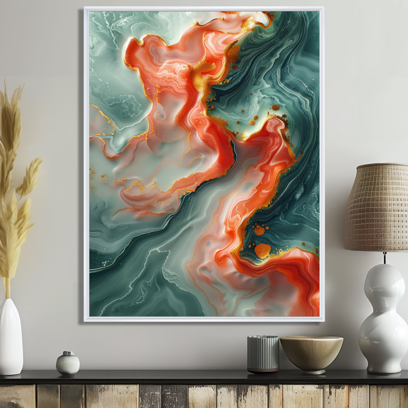 Orange Green Abstract Marble Stone - Marble Wall Decor Wall Decor, White Floater Framed, 40" H x 30" W x 1.5" D