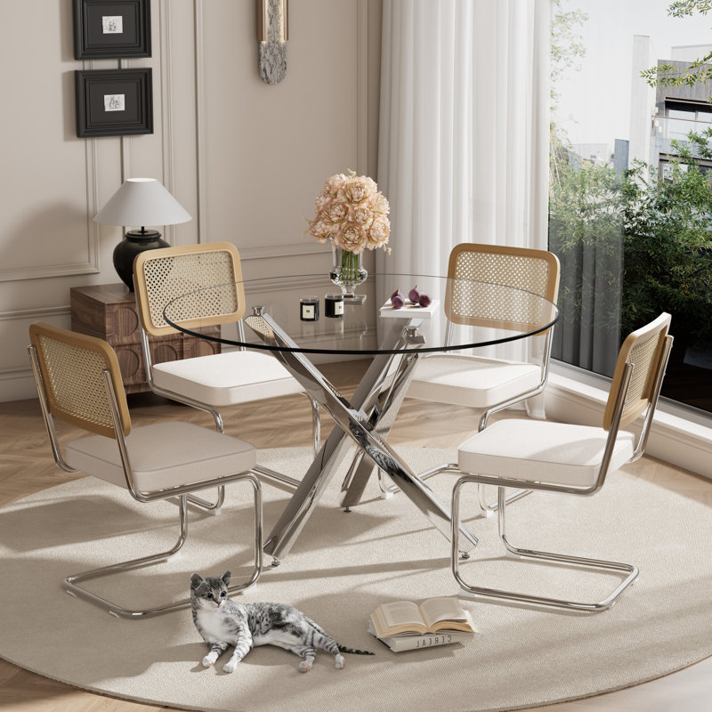 1 Tempered Glass Top Dining Table and 4 Velvet Cantilever Chairs, Beige, 29.52"H x 39.37"L x 39.37"W