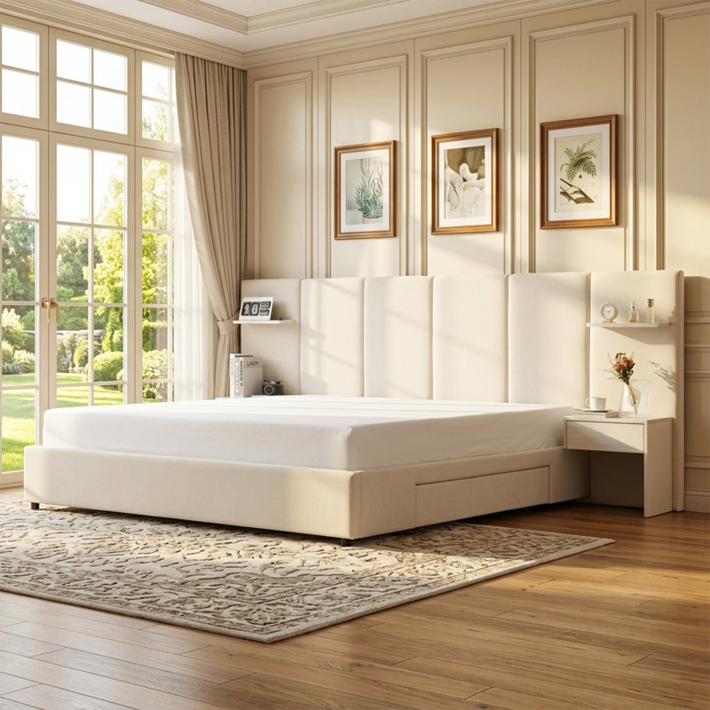 King Velvet Upholstered Platform Bed Frame with 2 Attached Nightstands & 2 Extra Large Drawers & Floating Shelves, No Box Spring Needed, Beige