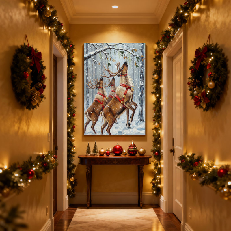Ensemble de 3 impressions sur toile de rennes de Noël qui courent dans la forêt enneigée, H 30 po x l 20 po