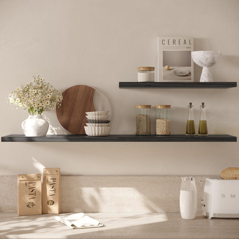  Large Floating Shelves for Wall Set of 2 Wooden Wall Shelves 24 in x 10 in x 1 in Room Decor Long Shelf with Invisible Wall Mount Bracket for Bedroom, Kitchen, Living Room, Black Wood