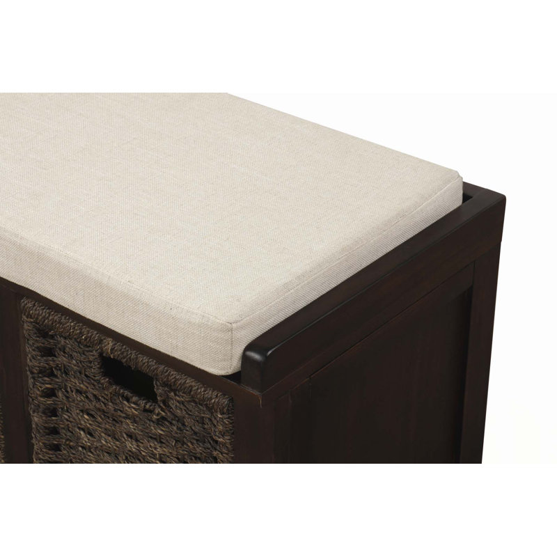 Banc de rangement polyvalent rustique avec coussin amovible et paniers profonds, Beige/Espresso