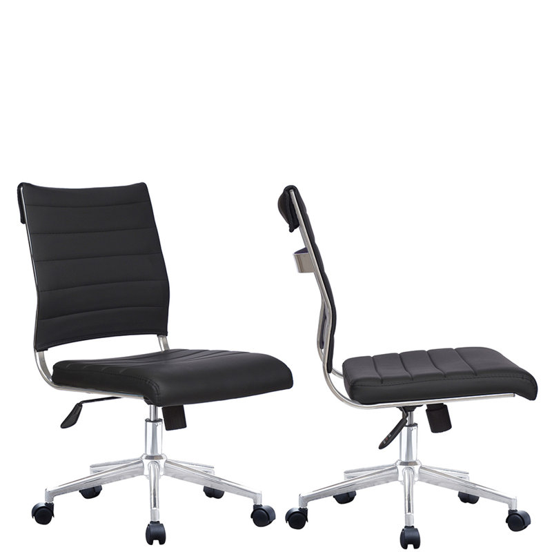 Modern Ergonomic Office Desk Chair Mid Back Ribbed PU Leather Armless Conference Task Chair with Swivel Tilt & Adjustable Height, Black