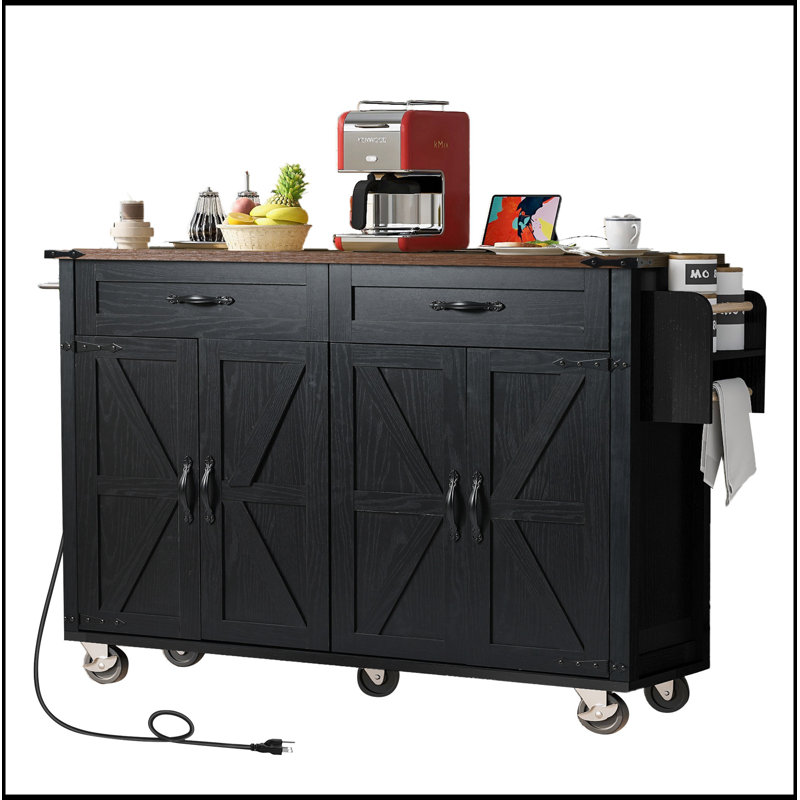 Charming Farmhouse Kitchen Island with Versatile Storage and Power Options, Perfect for Rustic and Organized Cooking Spaces.