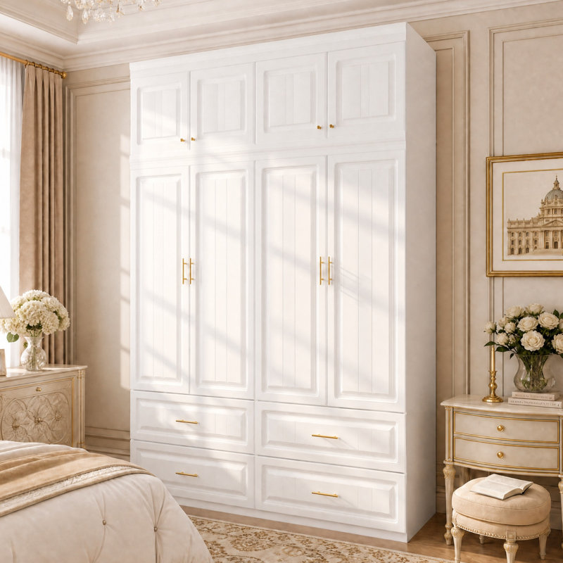 Armoire-penderie 8 portes de 160 cm de large avec armoires du haut, 4 tiroirs, étagères et tringle.