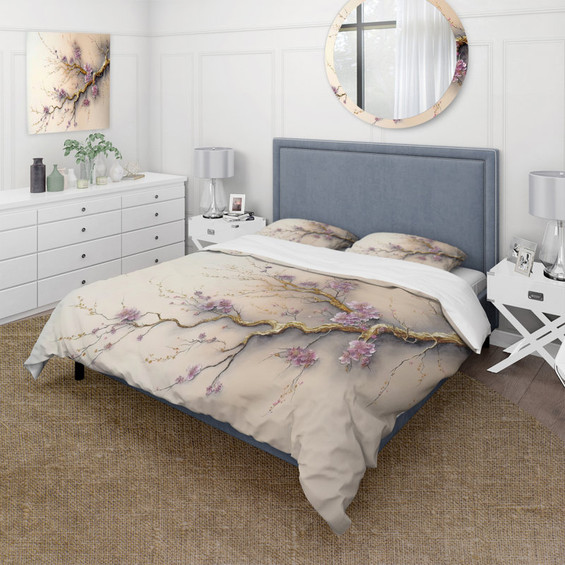 Ensemble de housse de couette en microfibre / polyester rose et prune cerisier en fleurs