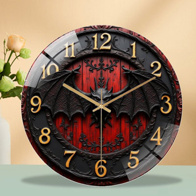 Horloge murale silencieuse en verre trempé de 30 cm, « Horloge chauve-souris gothique », sans tic-tac, fonctionne avec des piles AA (non incluses), décoration artistique pour la maison