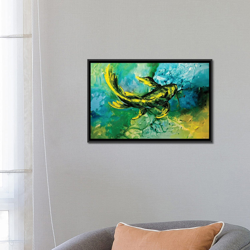 «Swiger Yellow Koi Fish», reproduction sur toile, H 18 po x l 26 po x P 1,5 po, Pas de tapis, Toile encadrée noire