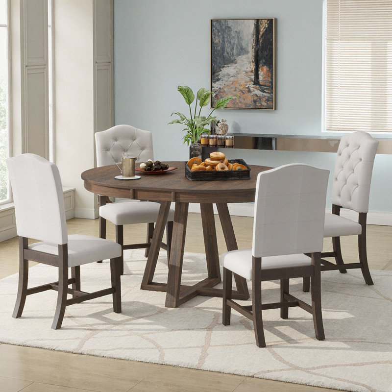 Ensemble de salle à manger 5 pièces avec table ronde extensible et 4 chaises rembourrées, Brun