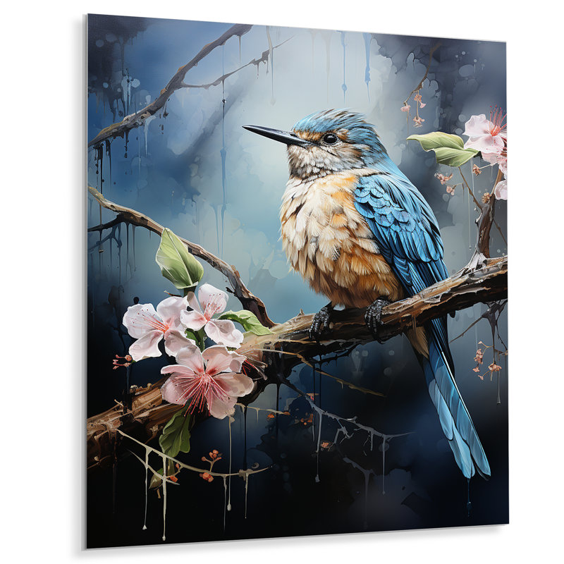 «Blue Bird Murmurs In Moonlight V» - art mural oiseau en métal, H 32 po x l 24 po x P 1 po