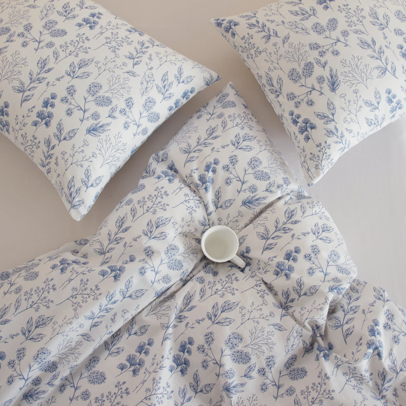 Cotton Floral Print Duvet Cover Set, Queen Duvet Cover + 2 Queen Pillowcases, Blue/Floral