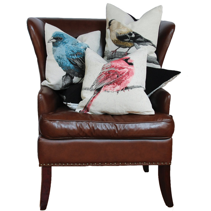 Blue Bird Embroidered Beige Cotton Square Pillow, 18 x 18 Inch