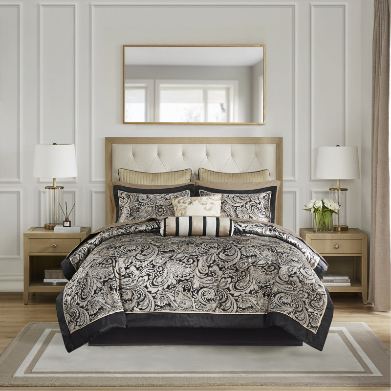 Ensemble d'édredon 12 pièces avec draps en coton noir grand, Édredon pour grand lit + 11 pièces additionnelle, Noir