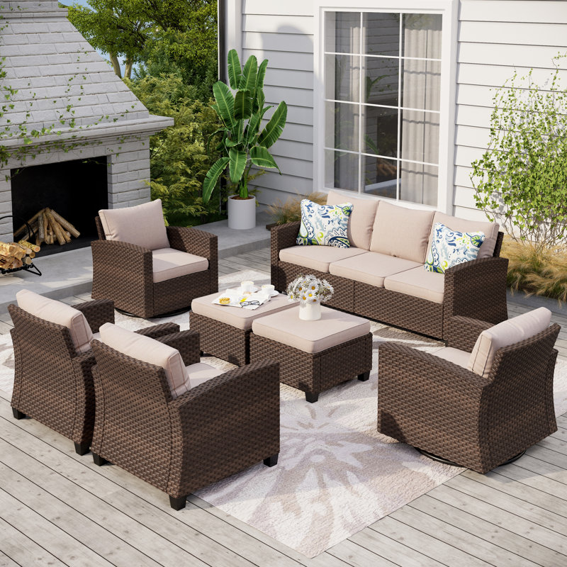 Ensemble de conversation d'extérieur en osier pour 9 personnes avec chaises pivotantes, Beige, Non