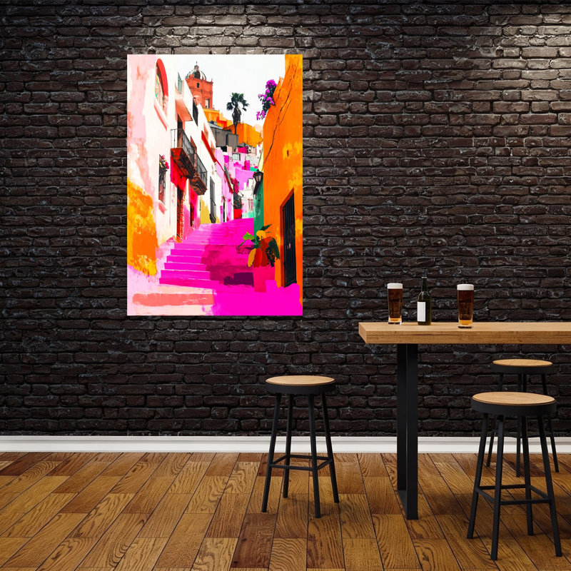 Vibrant Pink City Steps Colorful Vibrant Abstract Architecture City Wall Art Print 1 Piece Wrapped Canvas Wall Art