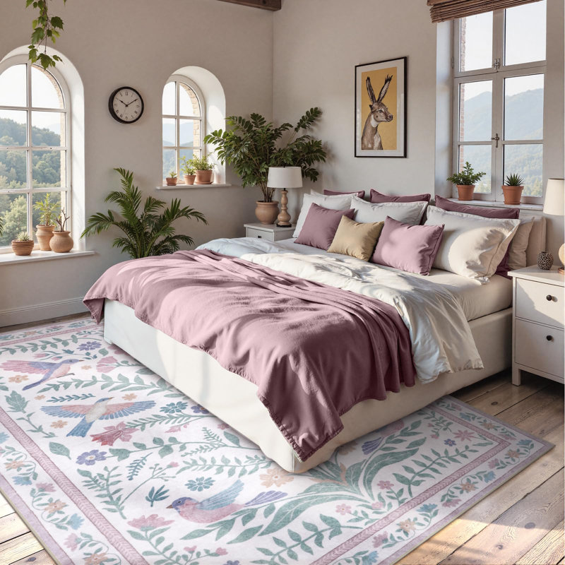 Boho Washable Area Rugs for Bedroom Non-Slip Vintage Large Living Room Rug Floral Birds Mat, Rectangle 8' x 10'