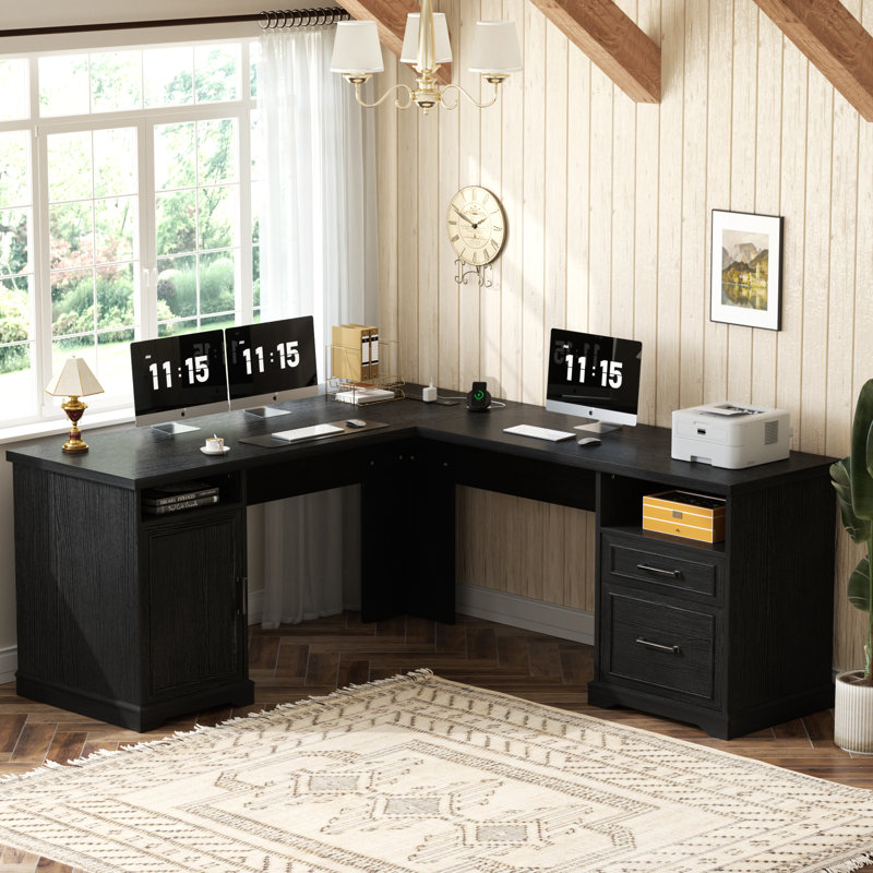 60‘’ L Shaped Desk with Wooden Drawers, Black, Black