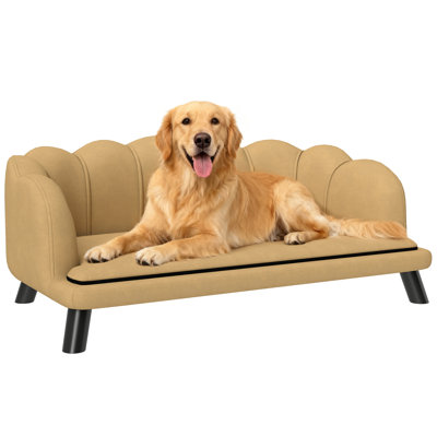 Velvet Large Dog Couch with Foam Cushion, Soft and Cute Dog Bed with Pearl Design, Dog Sofa for Big and Medium Dogs, Coffee,wood