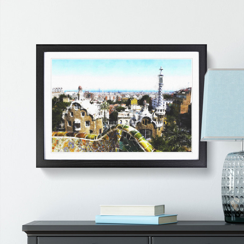 Parc Guell Gaudi in Barcelona Spain - Picture Frame Graphic Art Print, 24cm H x 33cm W x 2cm D, Black