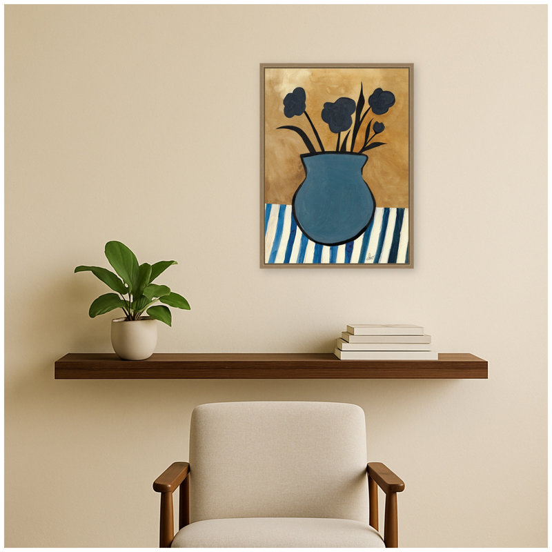 «Black FLowers in Blue Vase» par Cris Villa Studio, reproduction d'art sur toile encadrée