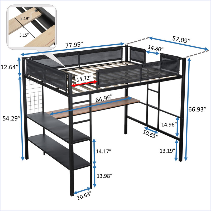 Lit mezzanine double en métal avec bureau et tablettes
