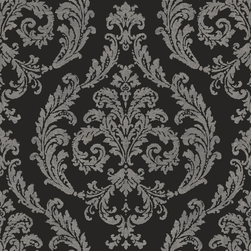 Palazzo 2 Silk Damask Wallpaper Roll, Black/Silver