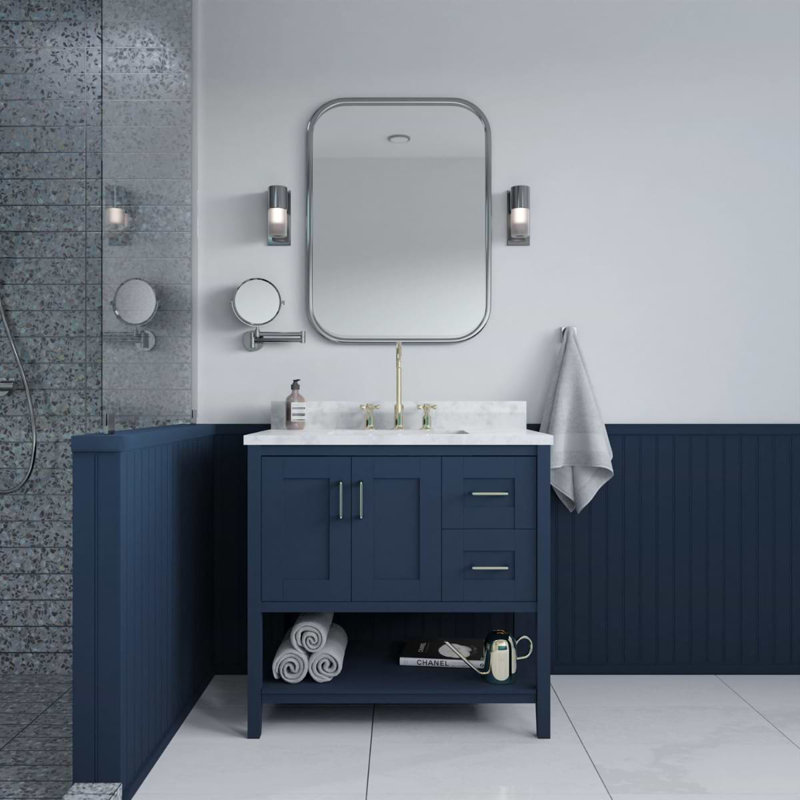 Sheraton 36" Freestanding Standard Single Bathroom Vanity with Top, Navy, Gold Zinc Alloy