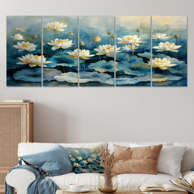 «White Blue Lotus Pond Reflections», ensemble d'art mural lotus, H 28 po x l 60 po