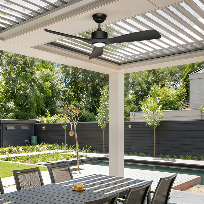 52" Outdoor Ceiling Fan with Light for Patio Garage Porch Indoor, Weather-Proof Blades & High-Airflow, Quiet DC Motor 3CCT Dimmable LED Black Ceiling Fan Remote