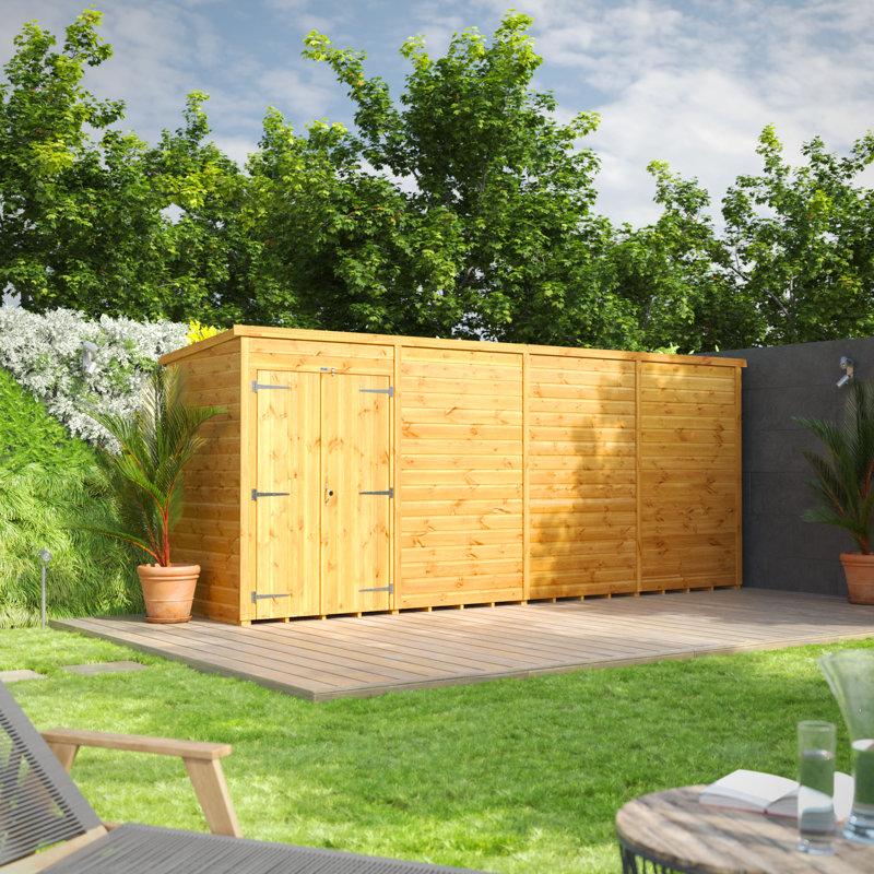 Powersheds 16 x 4ft Timber Tongue & Groove Windowless Pent Garden Shed, Double Doors