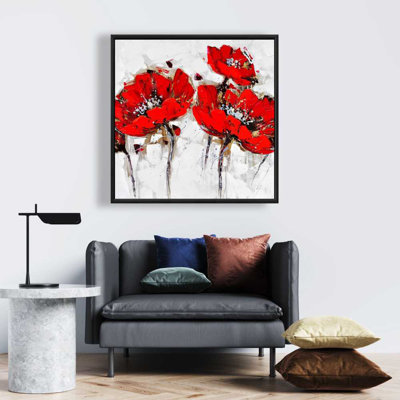 Toile avec cadre floral blanc botanique | Décoration abstraite de coquelicots