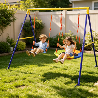 Ensemble de balançoires robustes en métal à structure en A pour cour arrière, support de balançoire d'une capacité de 440 lb avec balançoire à soucoupe 32 po + ceinture, balançoire de jeu extérieure pour enfants et adultes