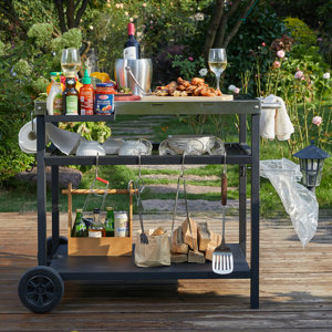 Ozion Three-Shelf Outdoor Grill Dining Cart Movable BBQ Trolley With Two Wheels