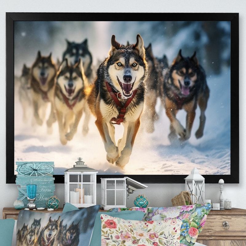 «Alaska Dog Sledding I», art mural sur toile, H 24 po x l 32 po x P 1 po, Cadre photo noir
