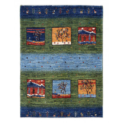 Tapis unique en laine 2 pi 3 po x 3 pi 2 po bleu, vert, rouille