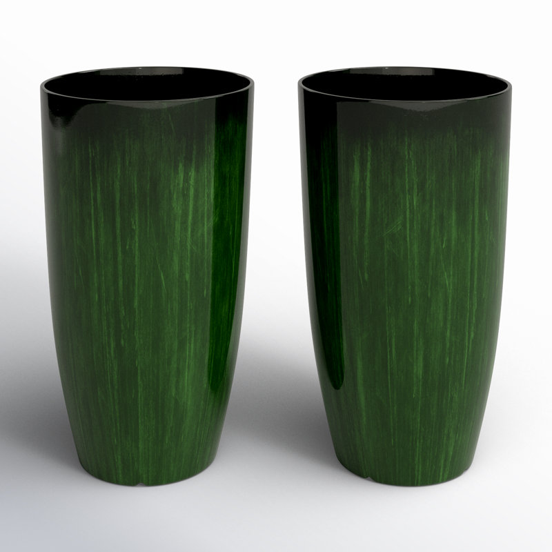 23.5"H Set Of 2 Oversized Gradient Green Faux Ceramic  Tall Plastic Planter, Green
