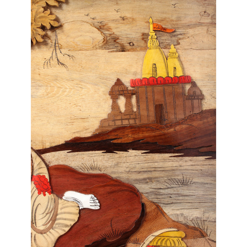 30 "Radha Krishna, assise naturelle côté rivière, sur panneau de bois avec incrustations - Art mural indien traditionnel spirituel traditionnel