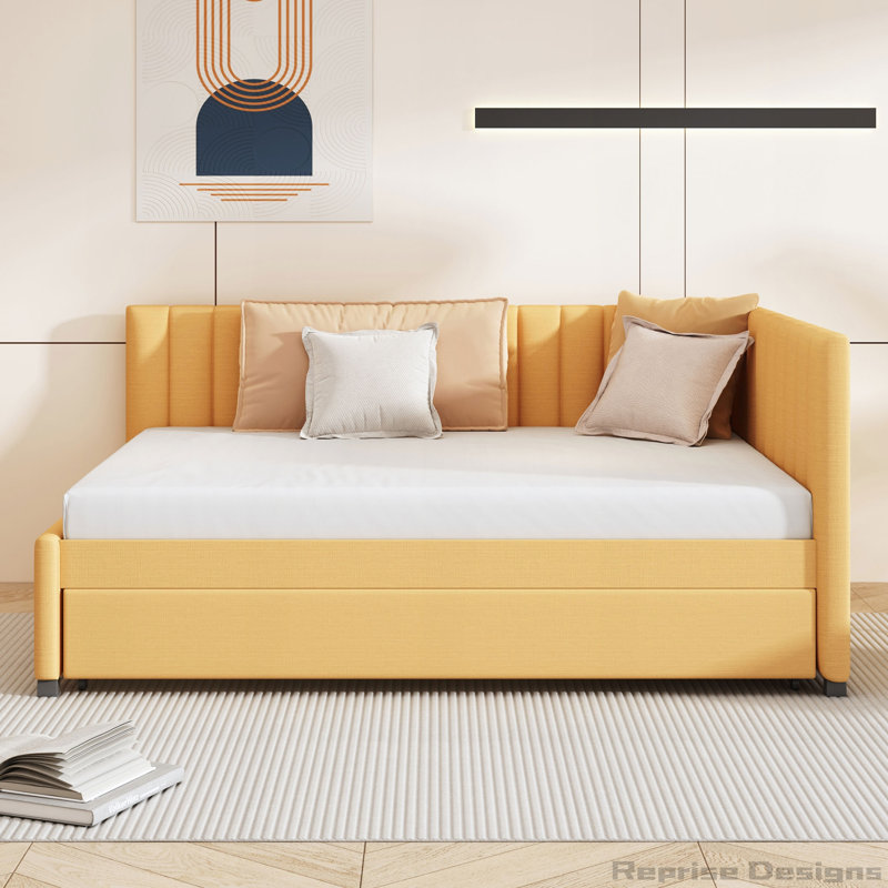 Lit de jour double rembourré avec lit gigogne simple, Jaune, No Storage Included