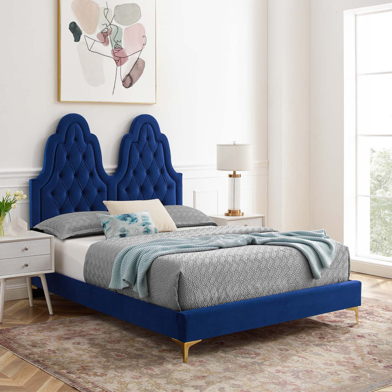 Lit plateforme en velours Alexandria, Bleu marine, Simple