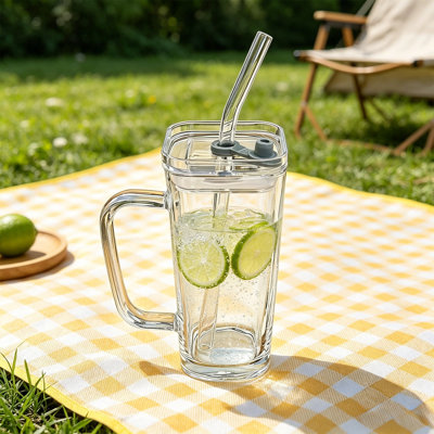 glass water cup 250ml Glass Water Cup With Handle Cup Lid Glass Straw Beverage Cup Coffee Cup Cold Drink Cup