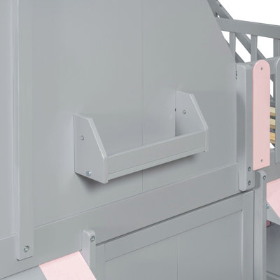 Full Over Full House Bunk Bed with Storage Staircase & Shelves, Wooden Kids Bunk Bed Frame with Playhouse Design, Roof & Door, Storage Steps and Open Shelving