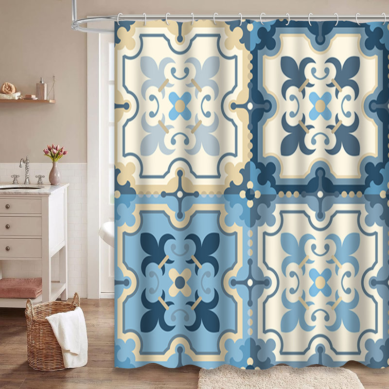 Rideau de douche rétro à motif de quadrilobe doré antique avec 12 crochets, L 72 po x l 78 po