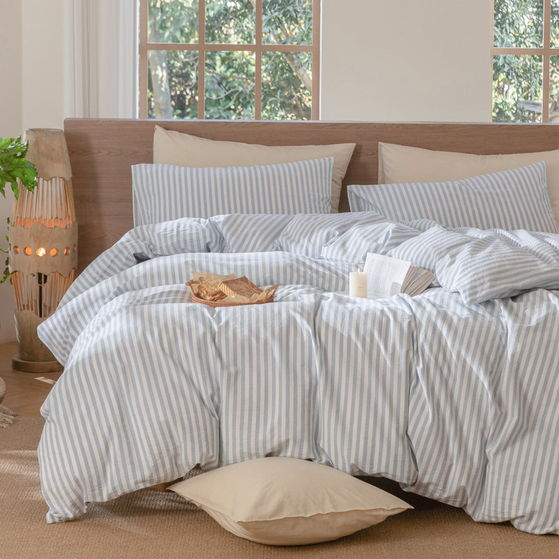 Ensemble de housse de couette à rayures 100% coton lavé MooMee, Rayures classiques - bleuet / blanc