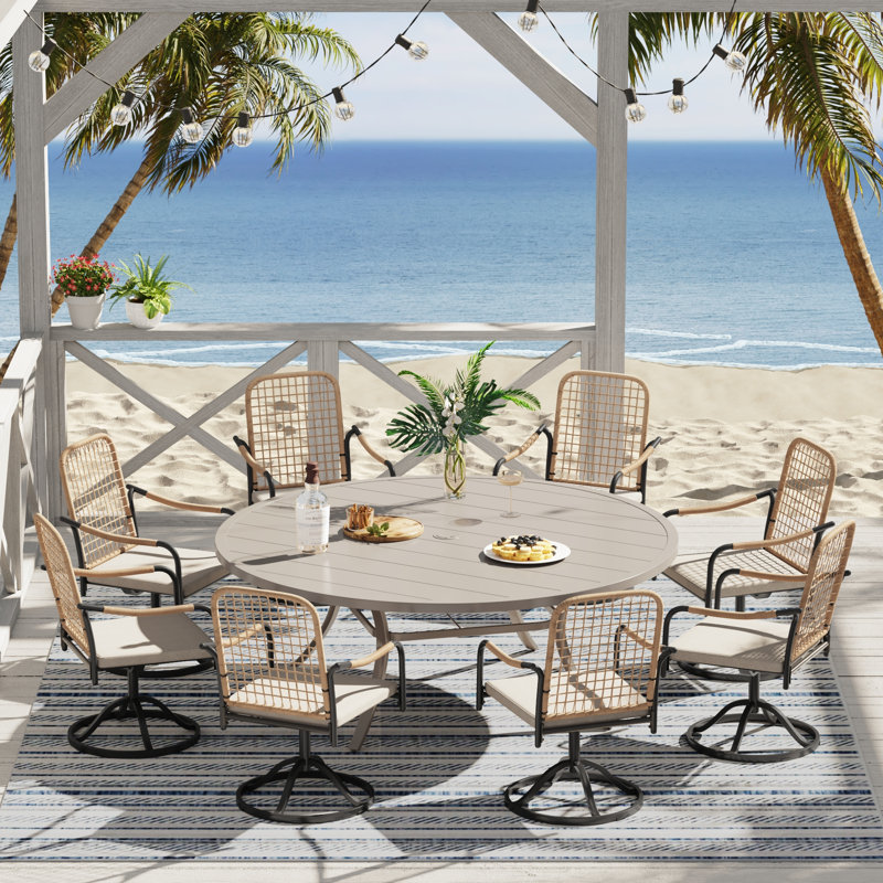 Ensemble repas pour 8 personnes avec chaises pivotantes en rotin, Coquillage de sable