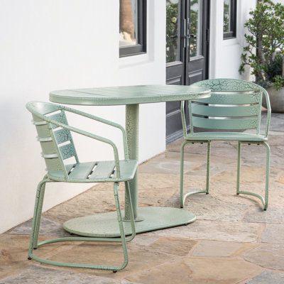 Bistro élégant pour jardin, terrasse et cour arrière - Structure en fer, bleu sarcelle mat, 2 chaises et table ovale pour usage extérieur.