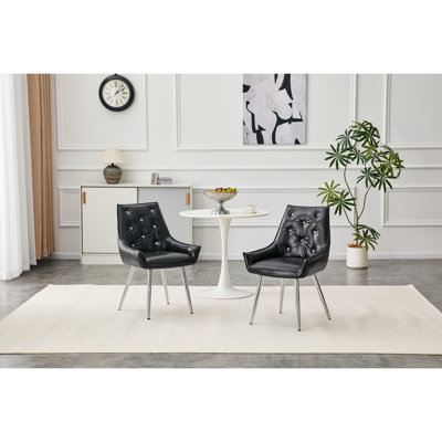Chaise d'appoint en cuir de polyuréthane de première qualité, dossier à décor de losanges, pieds en métal chromé argenté et coussin éponge à haute résilience - polyvalente pour le bureau, la salle à manger et le salon (noir, ensemble de 2)