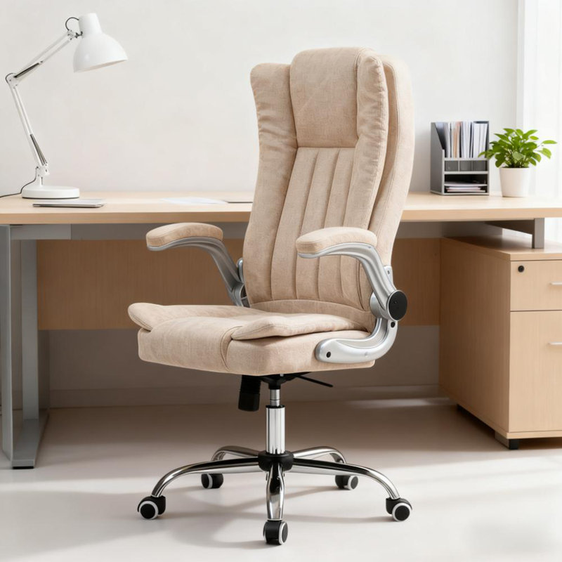 Chaise de bureau en tissu - Accoudoirs ergonomiques rembourrés et pivotants pour faciliter le bureau à domicile, Blanc, crème