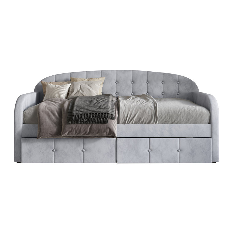 Caitronia Upholstered Daybed With Storage Drawers, Silver Gray